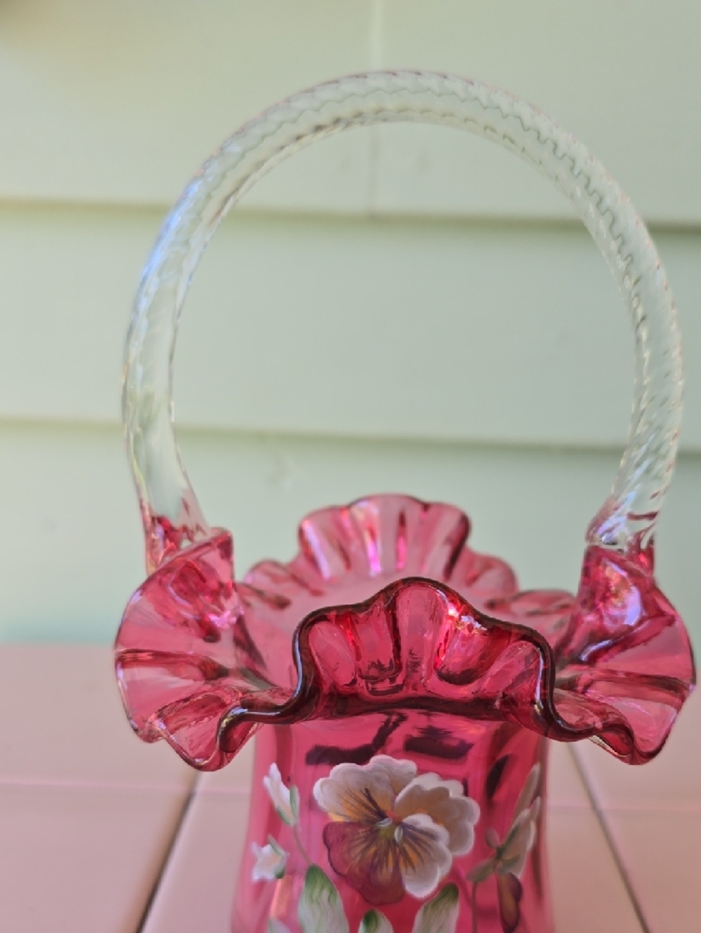 Fenton Cranberry Red Ruffled Vase and Basket Set with Hand-Painted Pansies - Picture 5 of 8